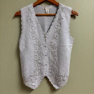 Vintage JM Studio Womens Embroidered Knit Vest Size S Ramie Cotton Cottagecore